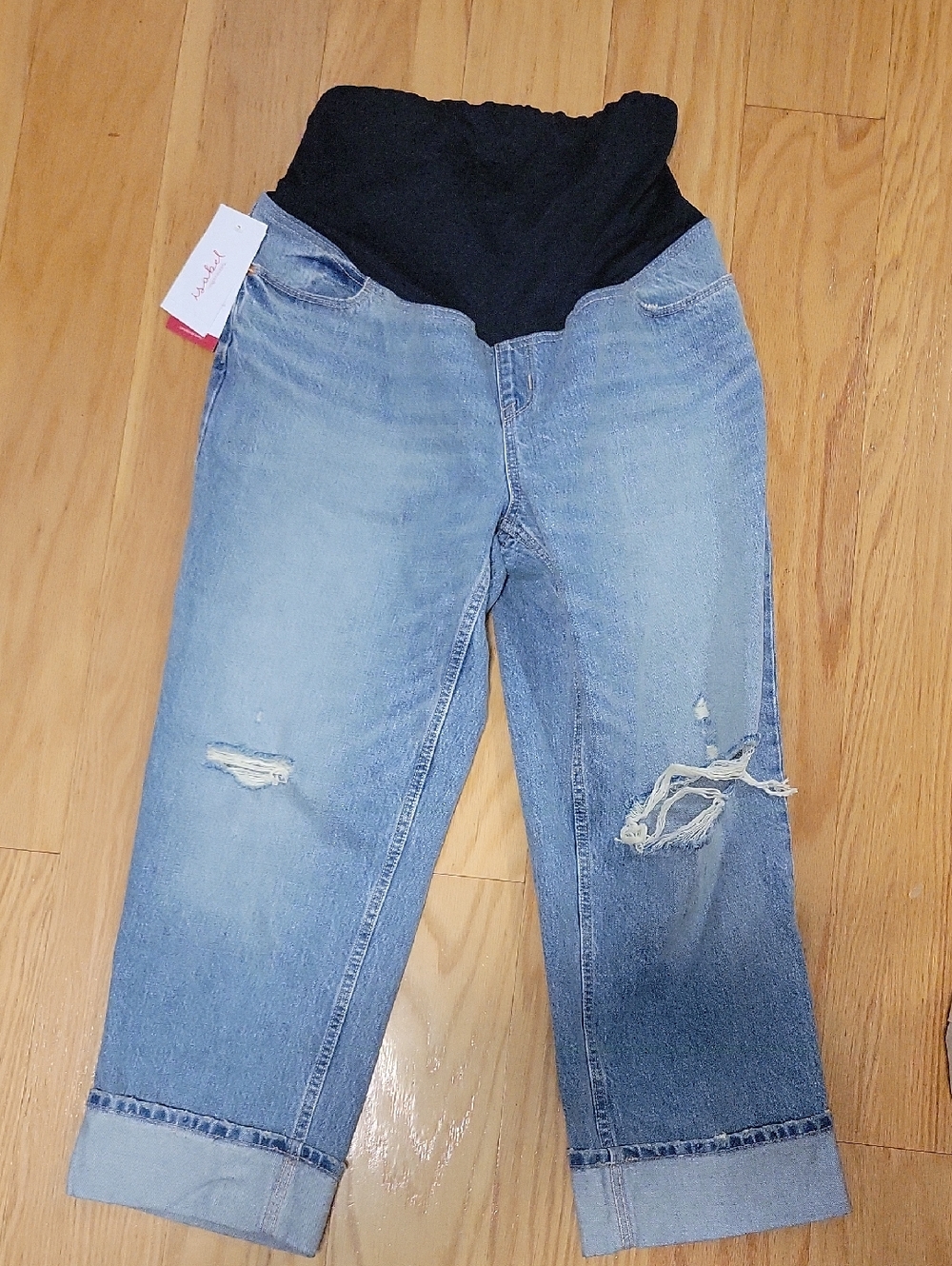 Maternity Light Blue Distressed Crop Jeans with Black Waist Panel